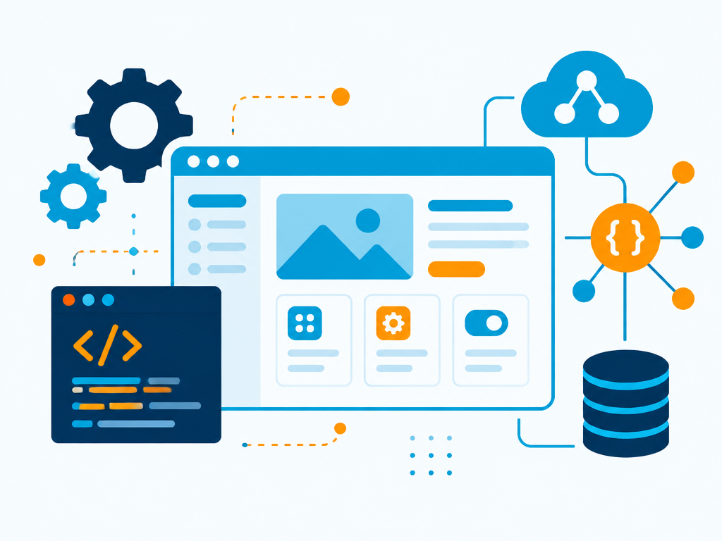Ilustração de desenvolvimento de software sob medida com interface, código e integrações